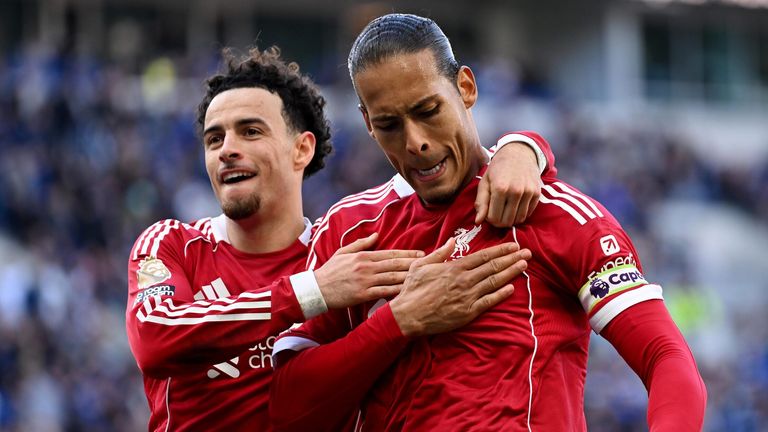 Virgil van Dijk celebrates after heading a late winner for Liverpool in the Merseyside derby