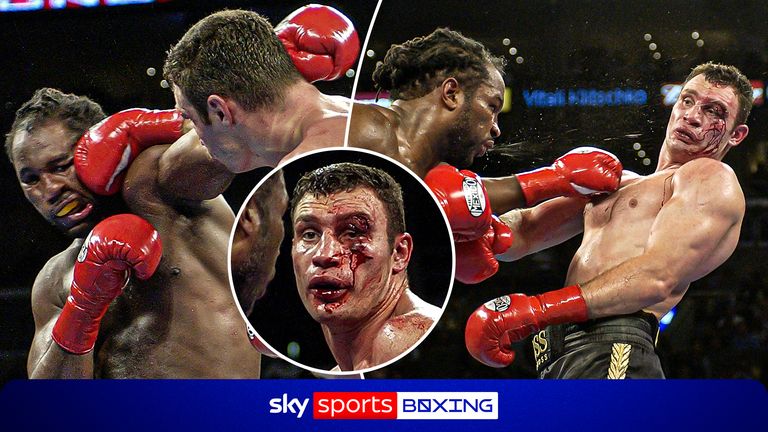 Vitali Klitschko against Lennox Lewis in their WBC/IBO heavyweight championship