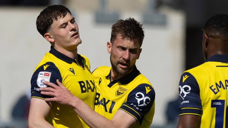Will Lankshear of Oxford United celebrates scoring his sides second goal