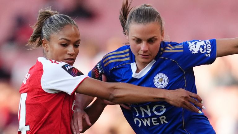 Arsenal's Taylor Hinds and Leicester City's Sarah Mayling battle for the ball