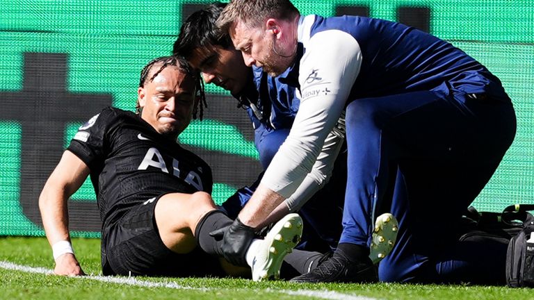 Xavi Simons receives medical treatment before being stretchered off 