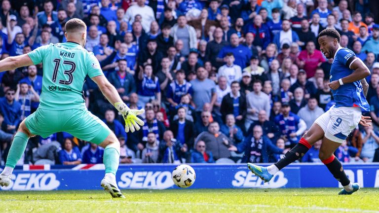 GLASGOW, SCOTLAND - APRIL 26: Rangers' Youssef Chermiti scores to make it 2-1 during a William Hill Premiership match between Rangers and Motherwell at Ibrox Stadium, on April 26, 2026, in Glasgow, Scotland. (Photo by Alan Harvey / SNS Group)