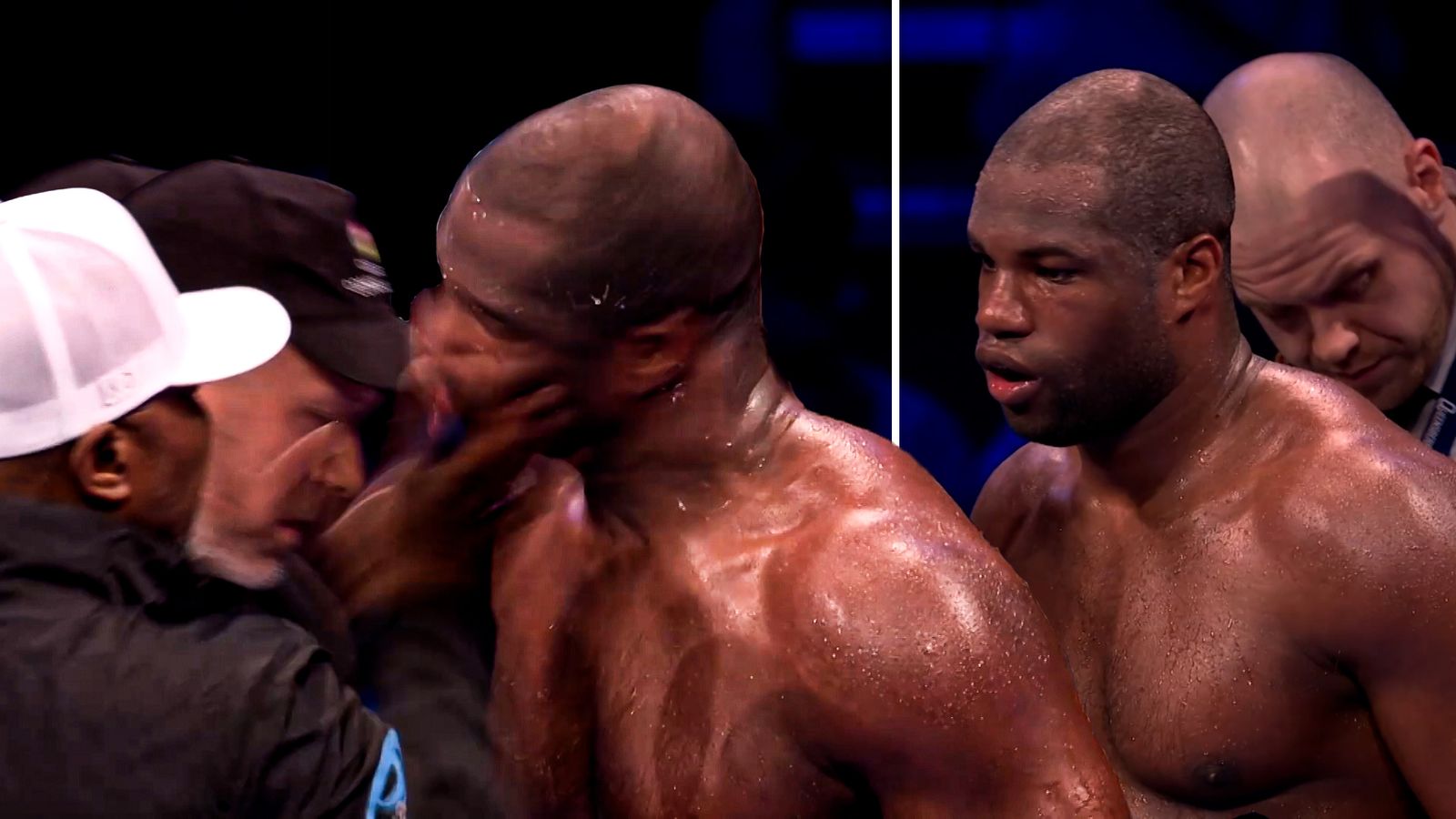 TOUGH LOVE! Daniel Dubois gets a double slap from trainer Don Charles
