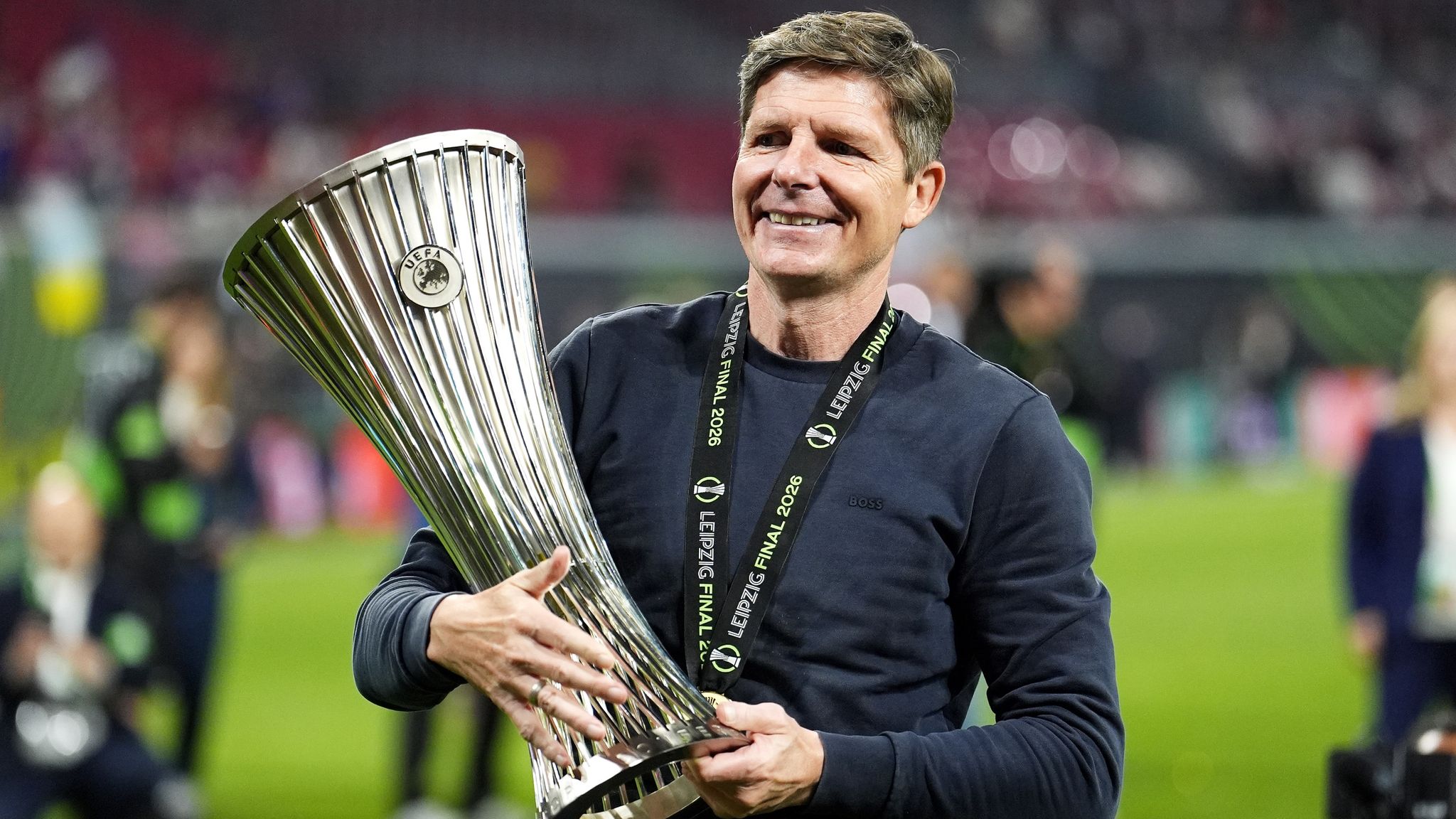 Crystal Palace boss Oliver Glasner celebrates with the UEFA Europa Conference League trophy