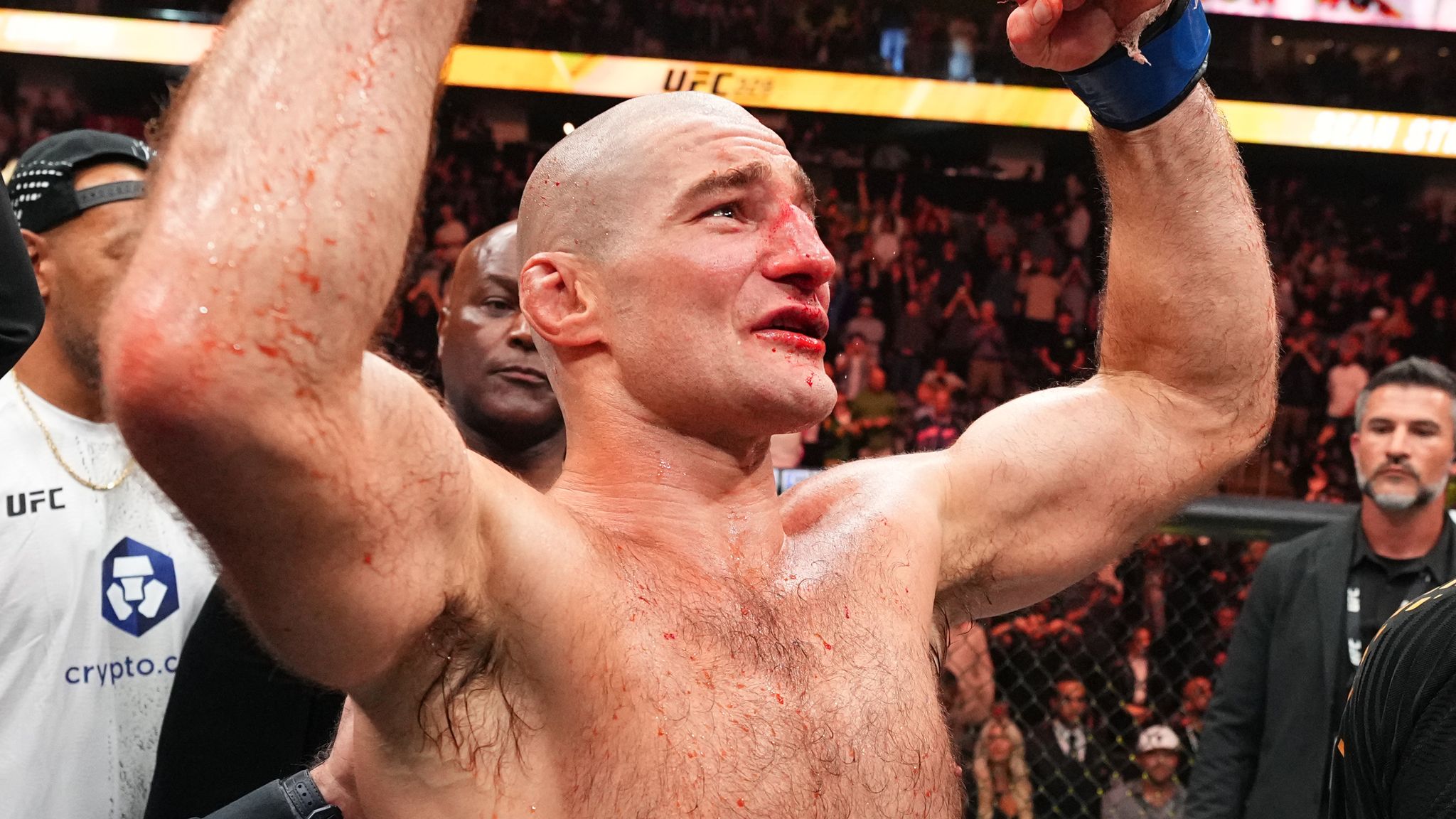 Sean Strickland reacts after winning at UFC 328