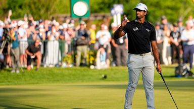 Aaron Rai waves after his round on the 18th green during the final round of the PGA Championship
