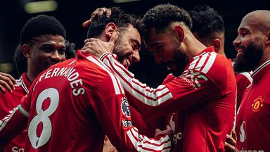 Bruno Fernandes is congratulated by his Man Utd team-mates