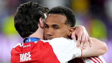 Arsenal's Gabriel is consoled by team-mate Declan Rice following the UEFA Champions League final