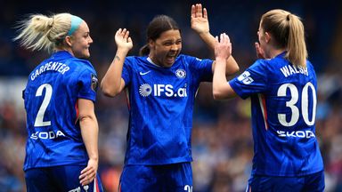Sam Kerr celebrates after giving Chelsea the lead against Manchester United