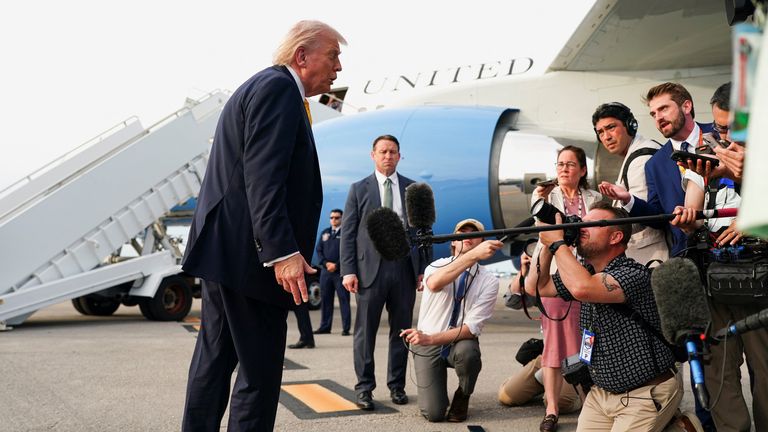 Donald Trump speaks to the media before boarding Air Force One for departure to Miami, Florida. Pic: Reuters