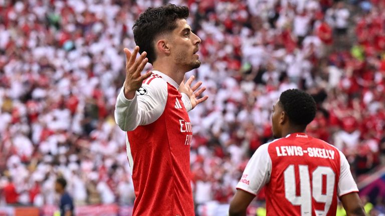Kai Havertz celebrates scoring for Arsenal against PSG. Pic: Reuters