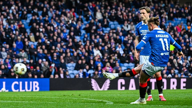 Rangers' Thelo Aasgaard scores a freekick to make it 1-1 during a William Hill Premiership match between Rangers and Hibernian