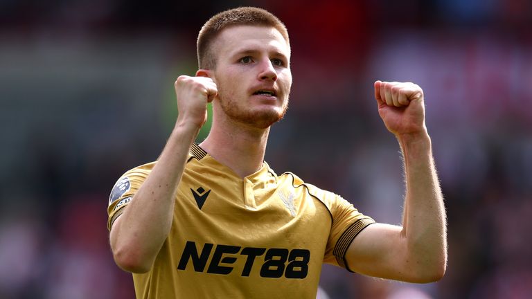 Adam Wharton celebrates after scoring to give Crystal Palace a 2-1 lead at Brentford