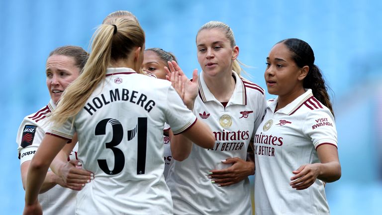 Alessia Russo celebrates an early goal at Villa Park