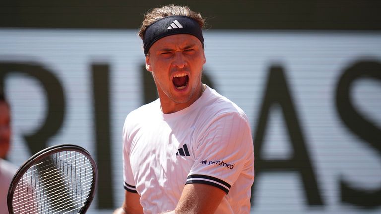 Alexander Zverev of Germany reacts as he plays against Benjamin Bonzi of France during their first round men's singles tennis match at the F