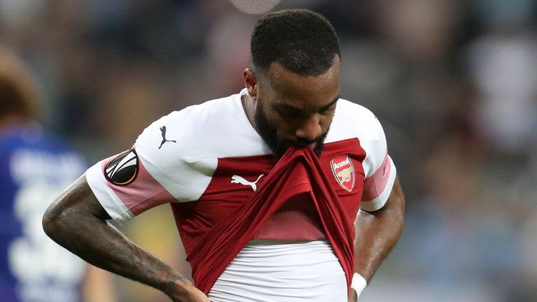 Arsenal's Alexandre Lacazette shows his dejection after the defeat in Baku