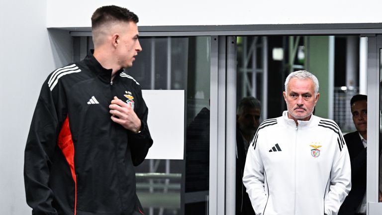 Benfica's Anatoliy Trubin and Jose Mourinho arrive for a press conference ahead of a Champions League game in Newcastle