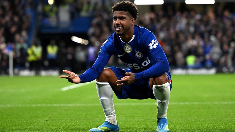 Andrey Santos celebrates after doubling Chelsea's lead against Spurs