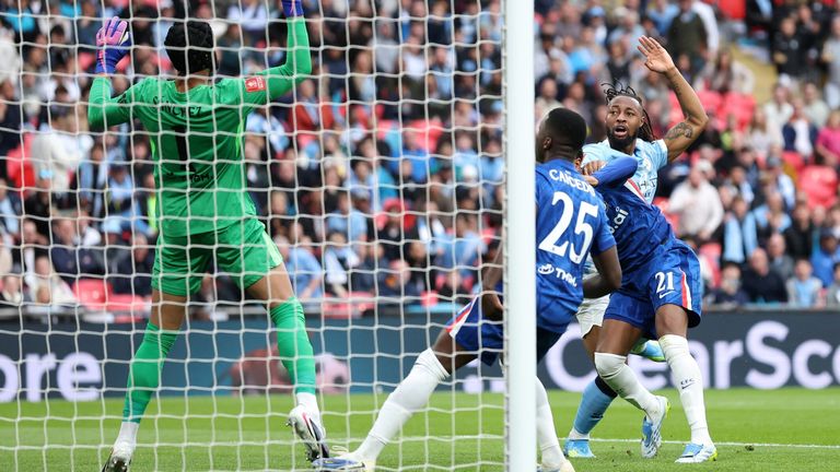 Antoine Semenyo heads over the bar against Chelsea at Wembley