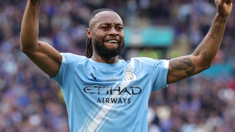 Antoine Semenyo celebrates after opening the scoring for Man City at Wembley