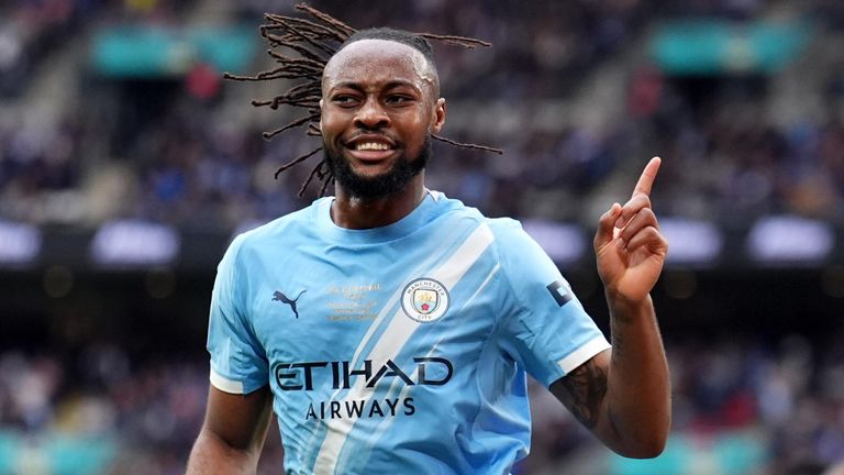 Antoine Semenyo celebrates after giving Man City the lead against Chelsea in the FA Cup final