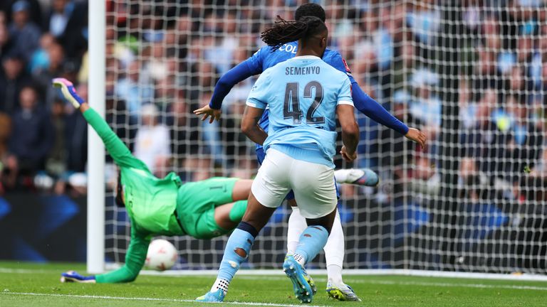 Antoine Semenyo turns away to celebrate after his deft flick beats Robert Sanchez