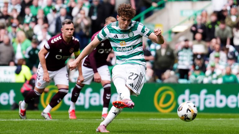 Arne Engels scores Celtic's equaliser from the penalty spot