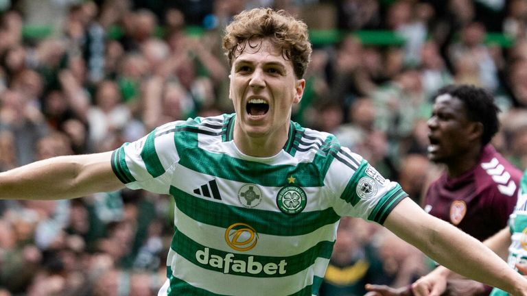 Arne Engels celebrates after scoring Celtic's equaliser against Hearts