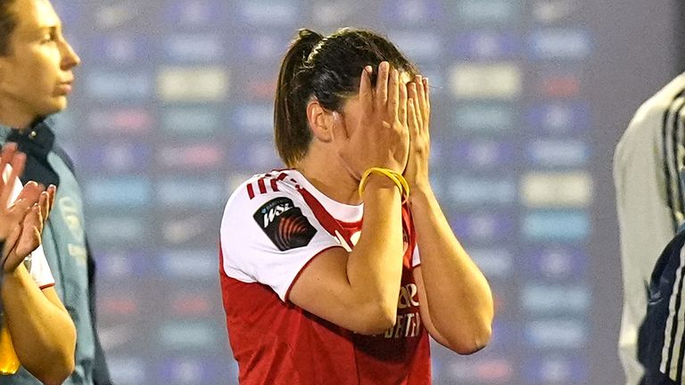 Arsenal's Mariona Caldentey appears dejected following the Barclays Women's Super League match at Broadfield Stadium, Crawley. Pict