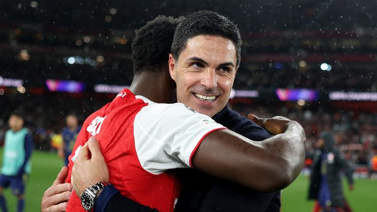Mikel Arteta joined Arsenal's celebrations against Atletico Madrid