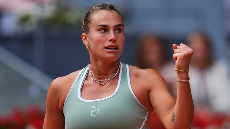 Aryna Sabalenka of Belarus celebrates after defeating Peyton Stearns of the U.S during the Madrid Open