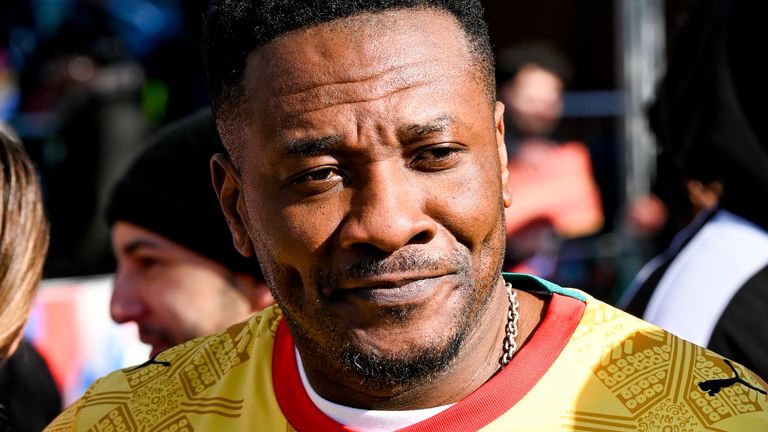 Asamoah Gyan wearing Ghana's World Cup kit by PUMA at an event in New York