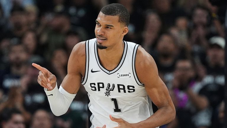 San Antonio Spurs forward Victor Wembanyama (1) reacts to a play during the first half in Game 2 of a second-round NBA playoffs basketball series against the Minnesota Timberwolves in San Antonio, Wednesday, May 6, 2026. (AP Photo/Eric Gay)
