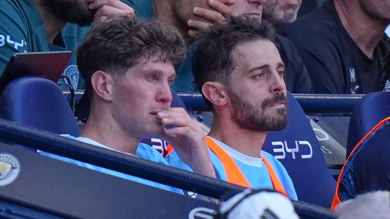 Teary eyed John Stones and Bernardo Silva after playing their final game for Man City