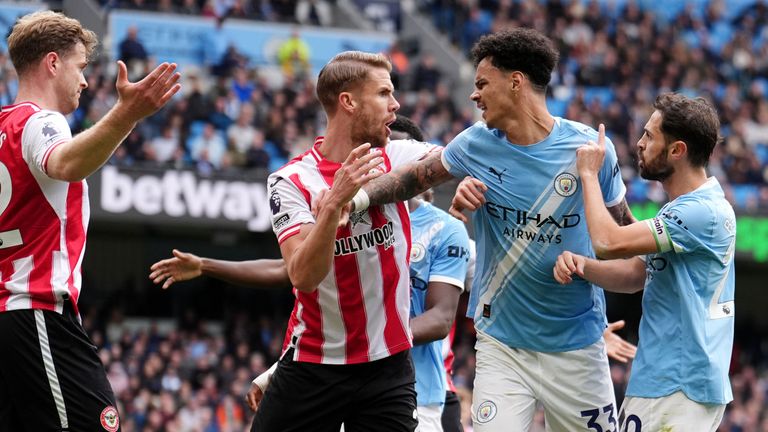 Tempers flare between Manchester City's Bernardo Silva (centre right) and Brentford's Kristoffer Ajer