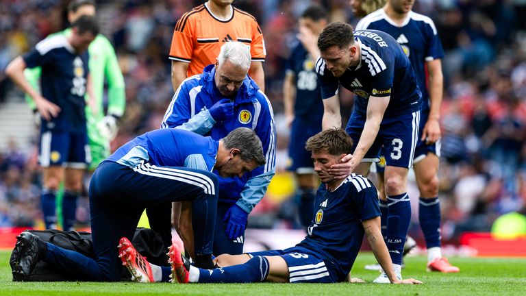 Scotland's Billy Gilmour is forced off with a first half injury against Curacao