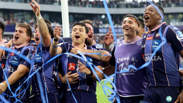 Bordeaux players celebrate after winning the Champions Cup semi-final against Bath 