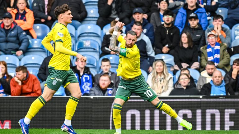 Hibernian's Martin Boyle celebrates after scoring to make it 1-0 during a William Hill Premiership match between Rangers and Hibernian 