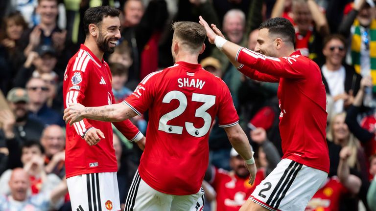 Bruno Fernandes is congratulated after setting up Bryan Mbeumo's goal and equalling the Premier League single-season assist record