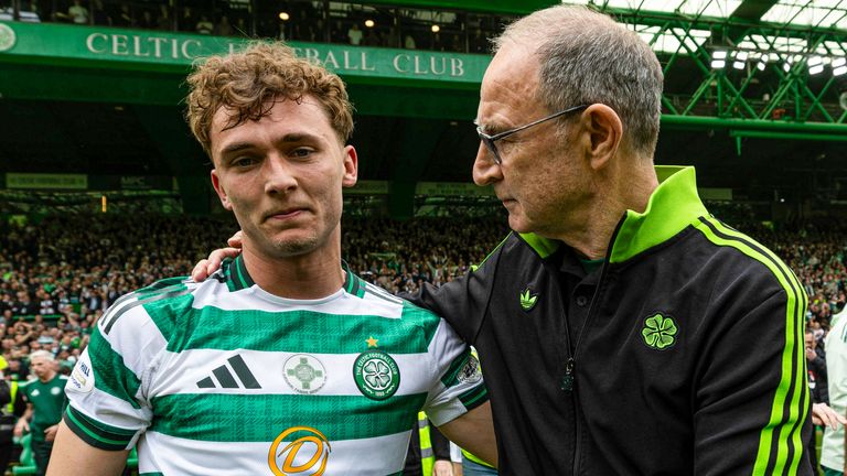 GLASGOW, SCOTLAND - MAY 16: An emotional Callum Osmand is hugged by Celtic Manager Martin O'Neill during a William Hill Premiership match between Celtic and Heart of Midlothian at Celtic Park, on May 16, 2026, in Glasgow, Scotland. (Photo by Craig Williamson / SNS Group)