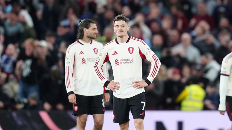 Liverpool players look on dejected after losing 4-2 to Aston Villa
