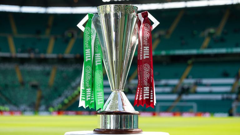 GLASGOW, SCOTLAND - MAY 16: The William Hill Premiership trophy before a William Hill Premiership match between Celtic and Heart of Midlothian at Celtic Park, on May 16, 2026, in Glasgow, Scotland. (Photo by Craig Foy / SNS Group)
