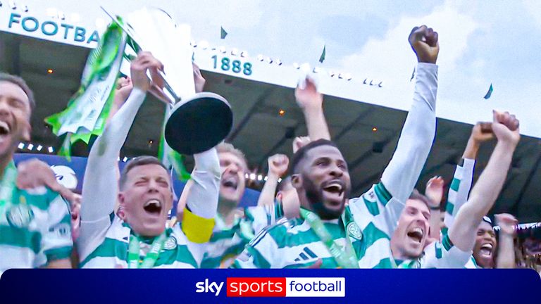 Emotional scenes as Celtic lift the Scottish Premiership title following a dramatic final day clash with Hearts.