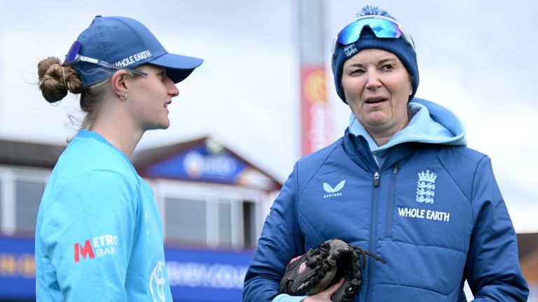 England's Charlie Dean and head coach Charlotte Edwards during the second ODI against New Zealand in Northampton in May 2026 (Getty)