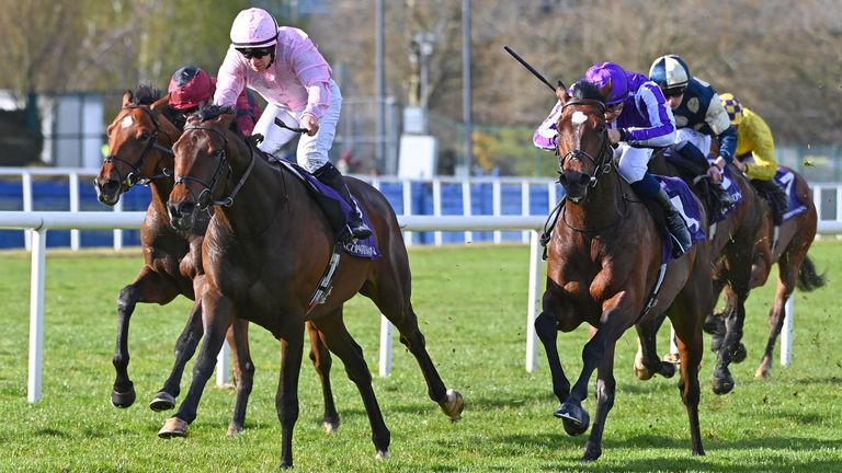 Christmas Day and Wayne Lordan (pink) win the P.W. McGrath Memorial Ballysax Stakes (Group 3)..Healy Racing Photo