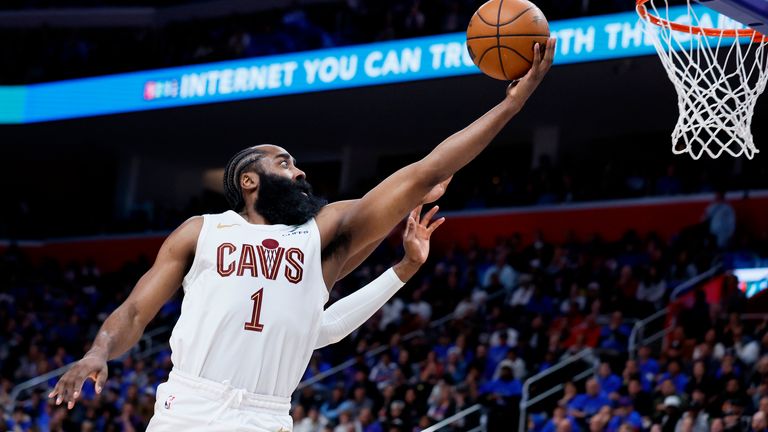 Cleveland Cavaliers guard James Harden goes to the basket against the Detroit Pistons during the second half in Game 5 of their playoff