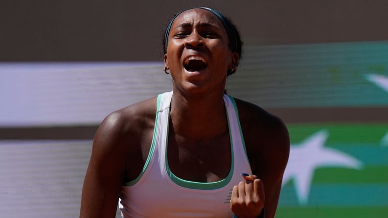 United States' Coco Gauff celebrates after winning the second set during her match against Iva Jovic in Rome