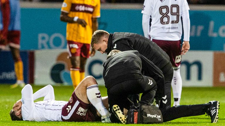 MOTHERWELL, SCOTLAND - MAY 09: Hearts' Craig Halkett goes down injured during a William Hill Premiership match between Motherwell and Heart of Midlothian at Fir Park, on May 09, 2026, in Motherwell, Scotland.  (Photo by Alan Harvey / SNS Group)