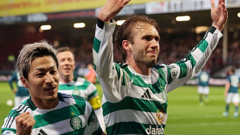 Celtic goalscorers Daizen Maeda and Benjamin Nygren celebrate at Motherwell