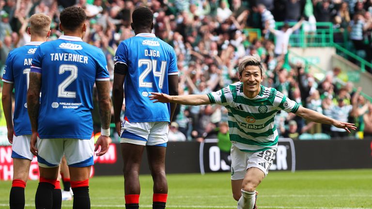 Celtic's Daizen Maeda celebrates after scoring to make it 3-1 against Rangers